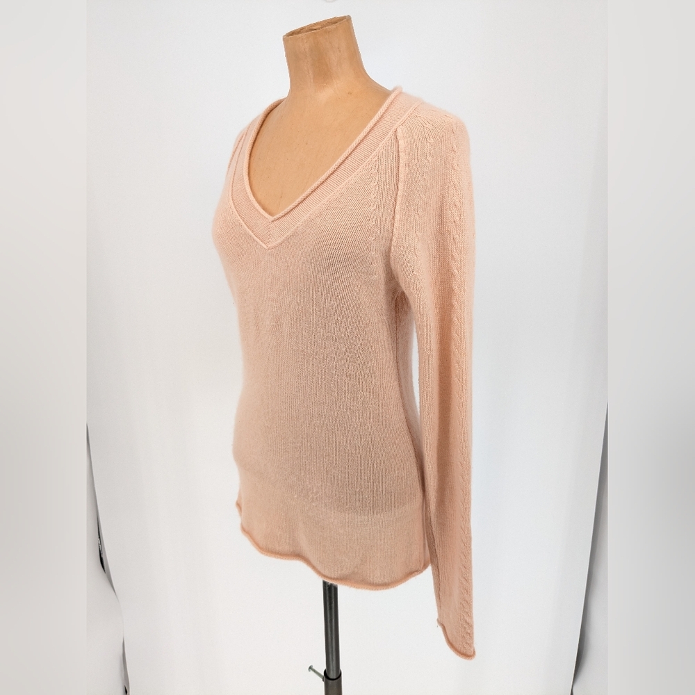 Calypso St. Barth 100% Cashmere Sweater Peach V-Neck Cable-Knit Sleeves Size S - Picture 3 of 15